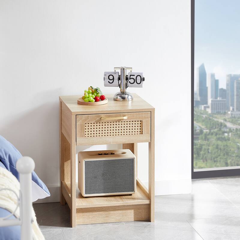 15.75" Rattan End Table With Drawer MDF Modern Nightstand Side Table With Accessories - Natural
