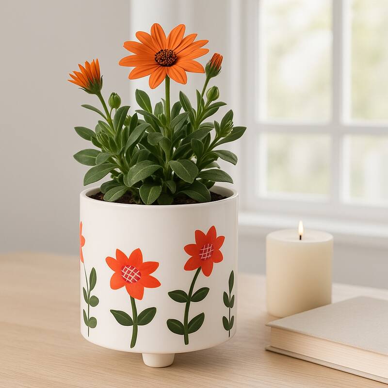Planter Outdoor Stylish Cute Hand Painted Flower Design - 6.25"