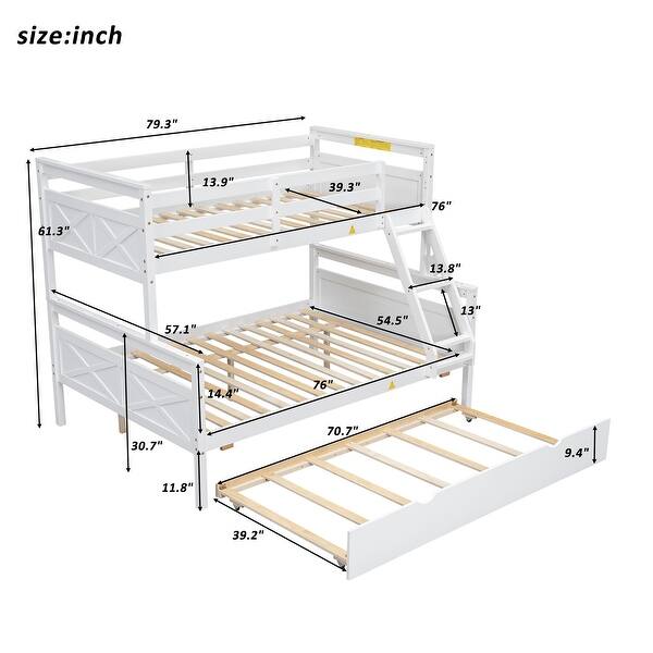 Twin over Full Bunk Kids Bed with Trundle, Guardrails and Ladder, Sturdy Pine Frame, White
