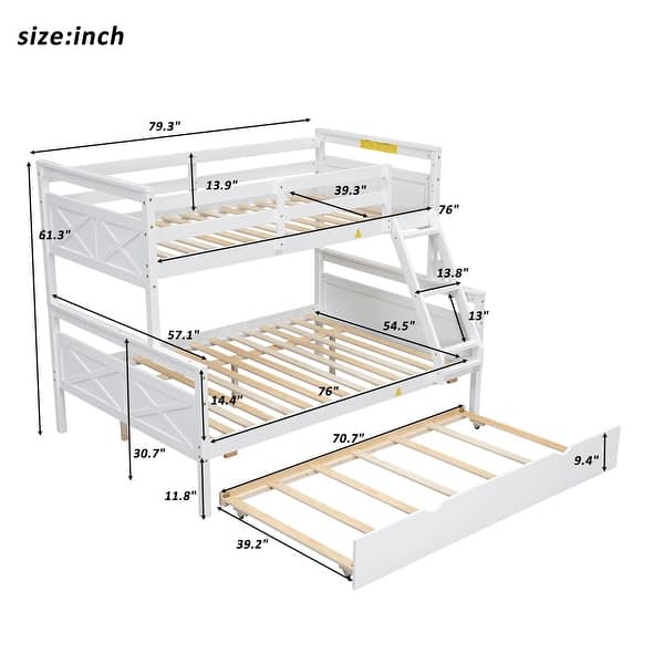 dimension image slide 1 of 2, Twin over Full Pine Wood Bunk Bed with Ladder and Twin Size Trundle