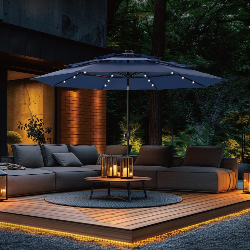 MAISON ARTS 10ft 3 Tier Auto-tilt Patio Umbrella Outdoor Double Vented Umbrella with LED Lights - Navy - With Lights