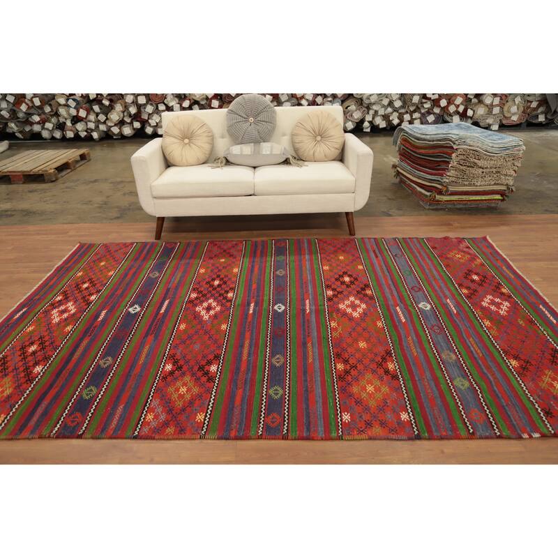 Hand Woven Oriental 100% Wool Carpet Southwestern Tribal Multi-Colored Kilim Area Rug - 9' 6'' X 6' 1''