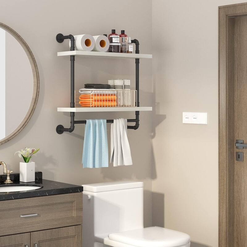 Industrial Pipe Floating Bathroom Shelves Wall Mounted with Towel bar - 7.8"D x 15.7"W x 25.6"H