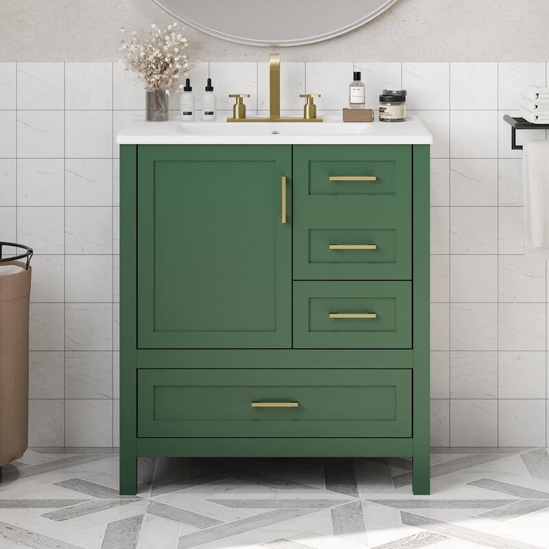 30" Bathroom Vanity with Sink Combo, Storage Cabinet with 3 Soft-Close Drawers and Removable Tray - Green