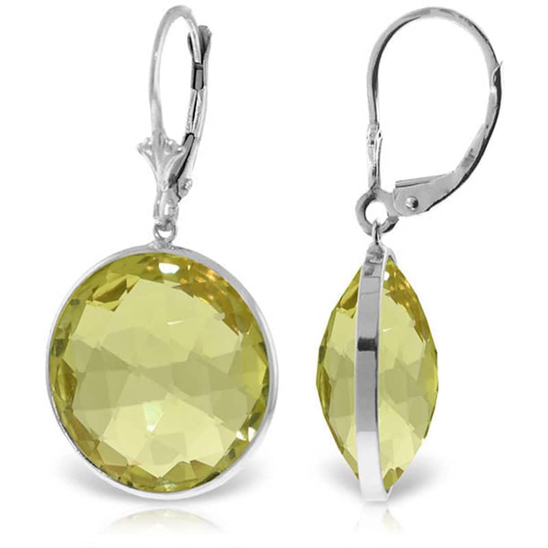 14K Solid Gold Leverback Gemstone Earrings Round Lemon Quartz Gemstone - White