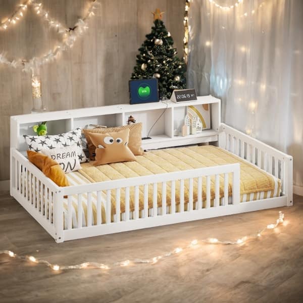 slide 2 of 12, White Twin XL Size Daybed with Storage Shelves, Wood Floor Bed with USB Ports for Kids White