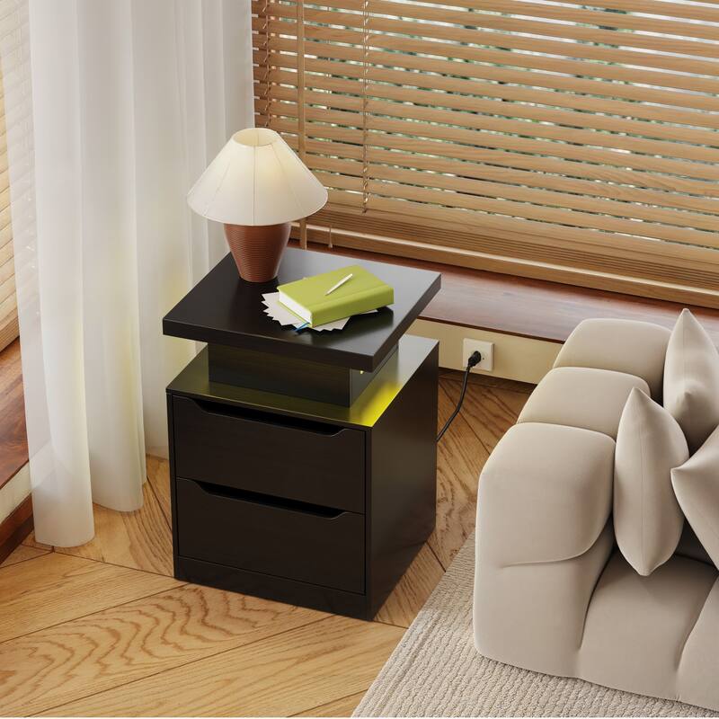 Modern Wood Nightstand with Charging Station, 2 Drawers, Bedside Table with LED Lights
