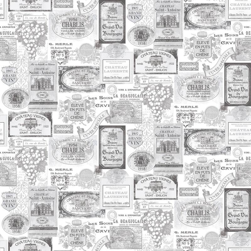 Galerie Wallcoverings Kitchen Recipes Wine Labels Vinyl on Non-woven Matte Wallpaper Roll - 33 feet x 21 inches - Grey
