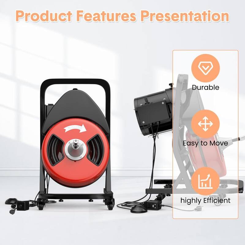 50 FT x 1/2" Electric Drain Auger Machine with Wheels for 2" to 4" Pipes