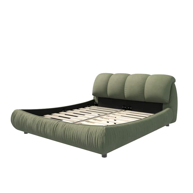 King Size Upholstered Bed Frame with Extra-Wide Cushioned Headboard, Solid Pine Slats & Adjustable Mattress Height