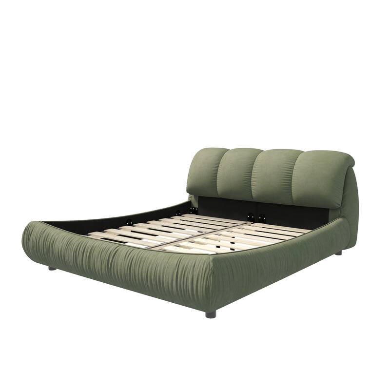 Queen Size Upholstered Platform Bed with Oversized Padded Headboard, Solid Wood Frame, Green