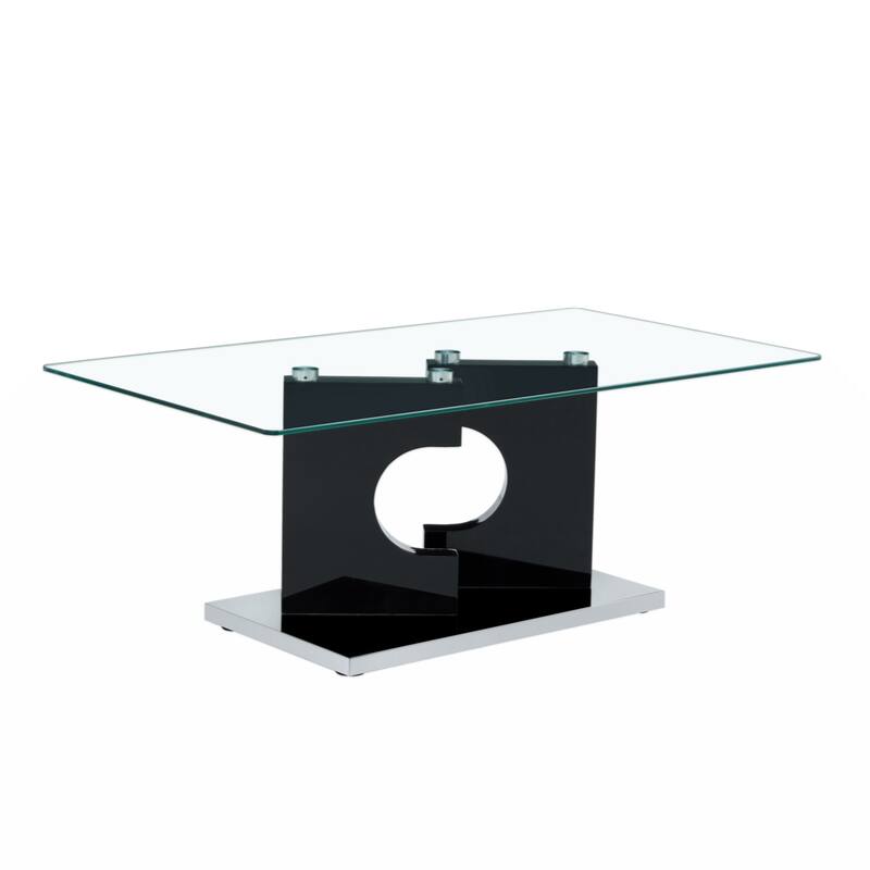 A rectangular modern and fashionable coffee table with tempered glass tabletop and black MDF legs