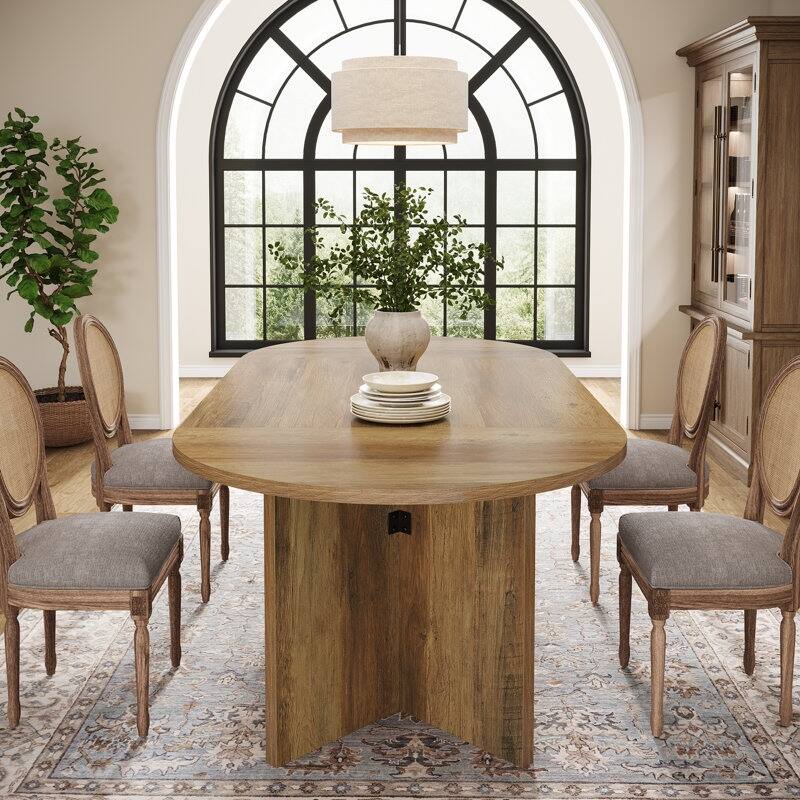 63" Rustic Oval Dining Table for 4-6，Farmhouse Kitchen Table with Metal Strip Base