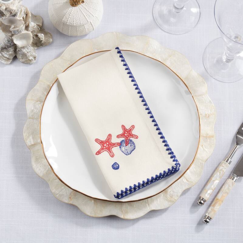 Coastal Motif Cotton Decorative Napkins (Set of 4) - Embroidered Marine Detail for Dining and Entertaining, 18"x18"