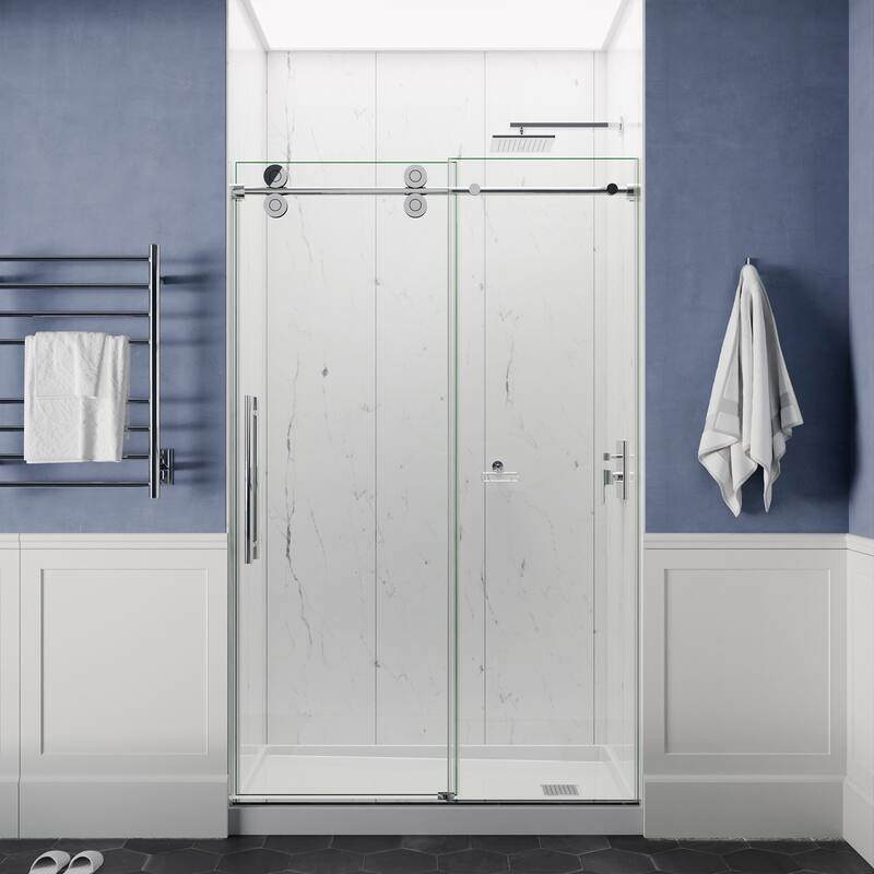 ANZZI Series 56 to 60 in. x 76 in. Frameless Shower Door with Sliding with Tsunami Guard Tempered Clear Glass