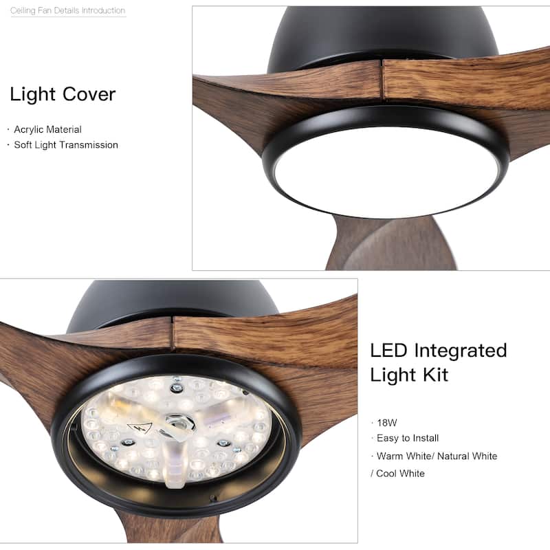 Modern 52 in Integrated LED Farmhouse Ceiling Fan With 3 Distressed Wood Blades - 52 INCHES