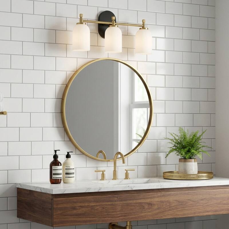 Flac Three-Light Vanity Wall Fixture in Brushed Gold with Frosted Glass Shades