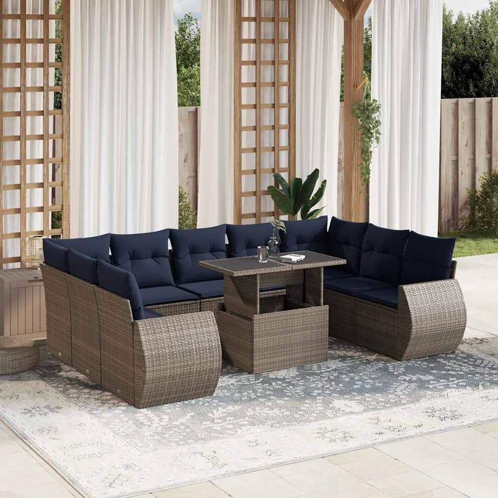 vidaXL 10 Piece Patio Sofa Set with Cushions Black/Brown/Gray Poly Rattan