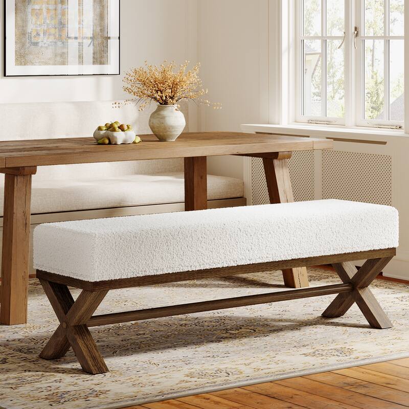 51.18" Solid Wood Upholstered Dining Bench, Faux Shearling Padded Seat Kitchen Stool Dining Seat for Dining Room Living Room