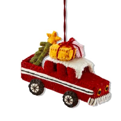 Multicolor Christmas Truck Ornament - Wool Tree Decoration, 4" H x 5" L x 1.5" W, Easy Dust Clean
