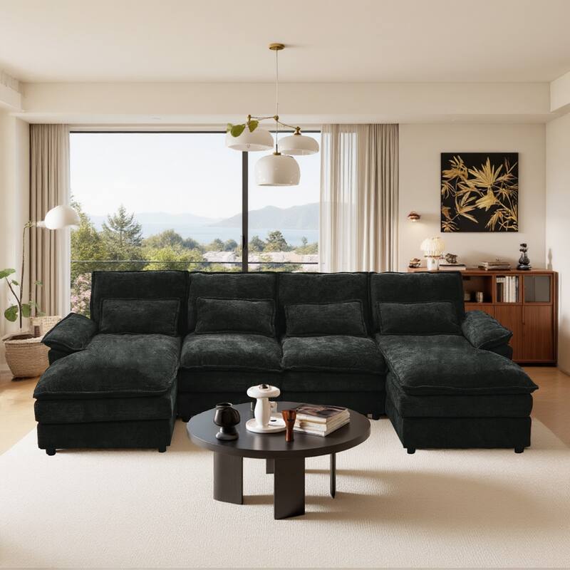 Symmetrical U-shaped Chaise Sectional Sofa, Comfy Chenille Upholstered Couch with Double Layer Seat Cushions and Waist Pillows