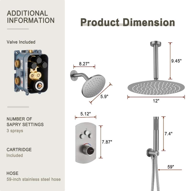 Pressure Balanced 3-Spray Patterns 2.5 GPM 12 in. Dual Shower Head Ceiling Mount Fixed and Handheld Shower Head - 12" x 12"