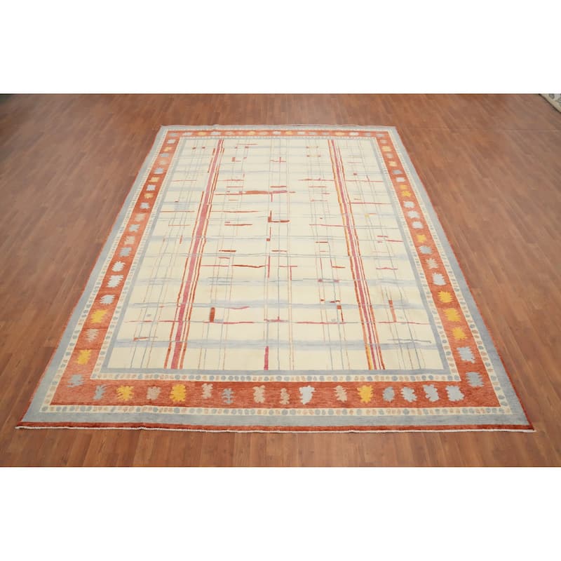 Hand Knotted Oriental 100% Wool Carpet Modern Geometric Beige & Ivories Gabbeh Area Rug - 11' 10'' X 9' 2''