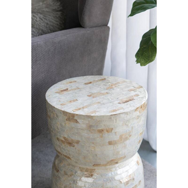 ​Decorative Hourglass Stool - Gold/White Capiz Finish, End Table, Side Table - 14x14x18"