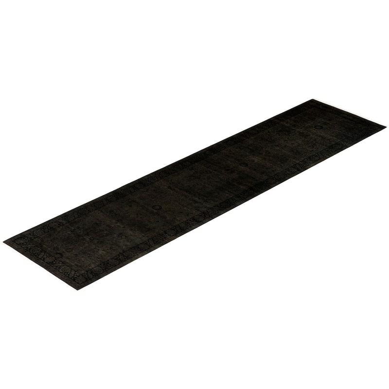 Overton Hand Knotted Wool Vintage Inspired Modern Contemporary Overdyed Black Runner Rug - 3' 2" x 13' 6"