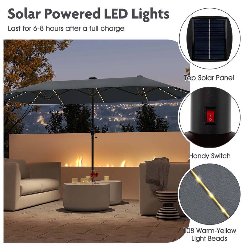 Costway 13 FT Large Patio Umbrella with LED Solar Lights Crank Handle