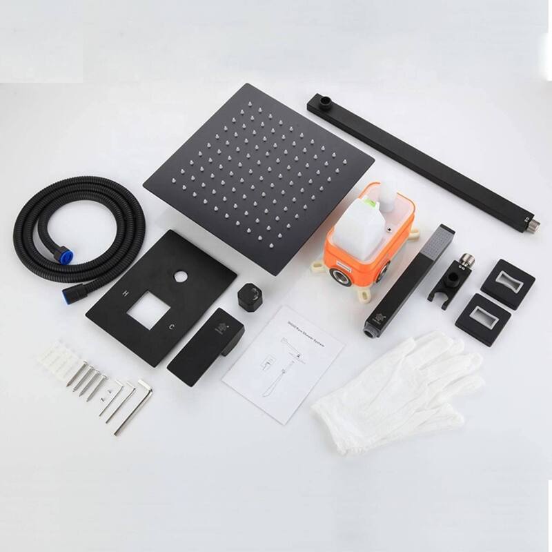 Matte black wall mount 12 inch 3 LED light rain head 2 way shower faucet with handle sprayer - 7'6" x 10'9"