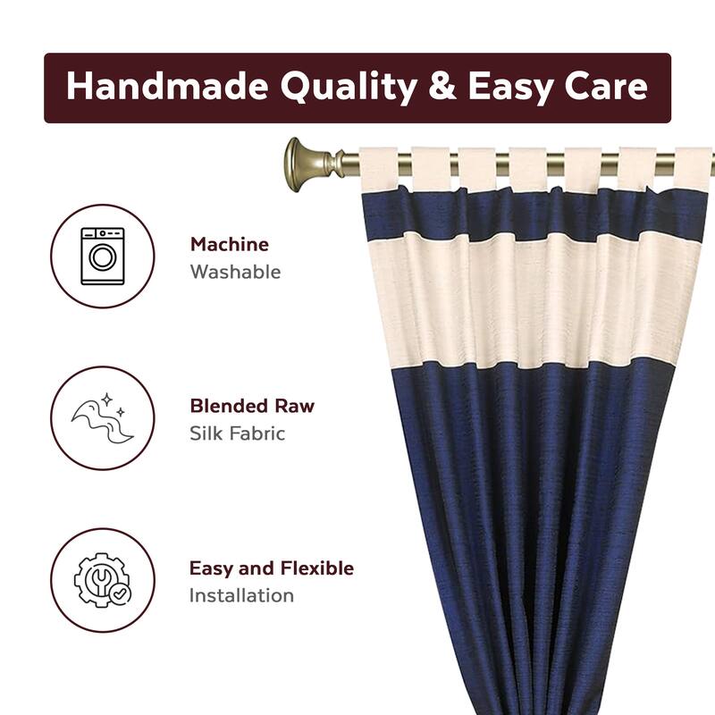 6 Pcs Set Blue Cream Raw Silk Curtain ,Cushion Cover, Tieback - 43"W X 84"L(Inches)