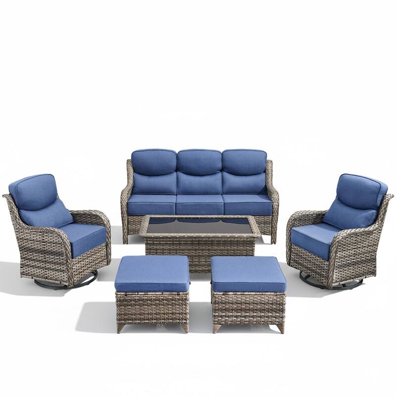 Arcadia 6-Piece Wicker Patio Conversation Set with Swivel Gliders and 6-Inch Thick Olefin Cushions