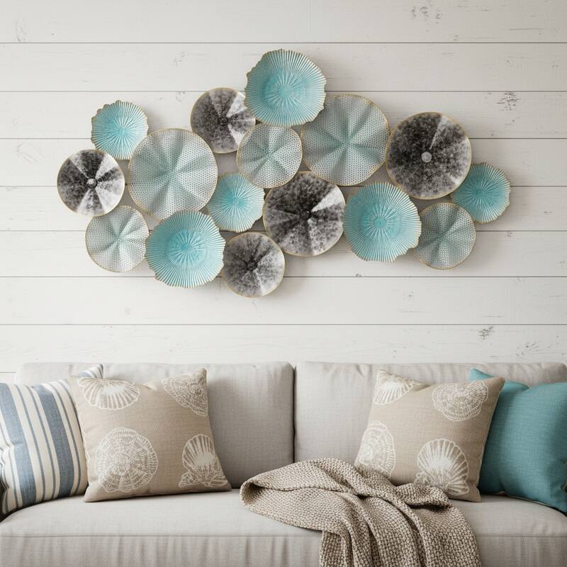 HomeRoots 24" X 44" Aqua Charcoal And Silver Abstract Metal Round Discs Hanging Dimensional Sculpture - Charcoal/Aqua/Silver - 43.50 in. x 23.75 in.  x 2.50 in.