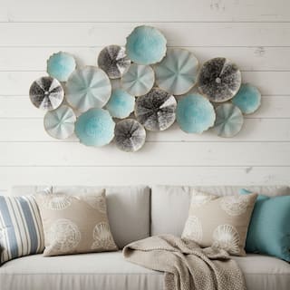 HomeRoots 24" X 44" Aqua Charcoal And Silver Abstract Metal Round Discs Hanging Dimensional Sculpture