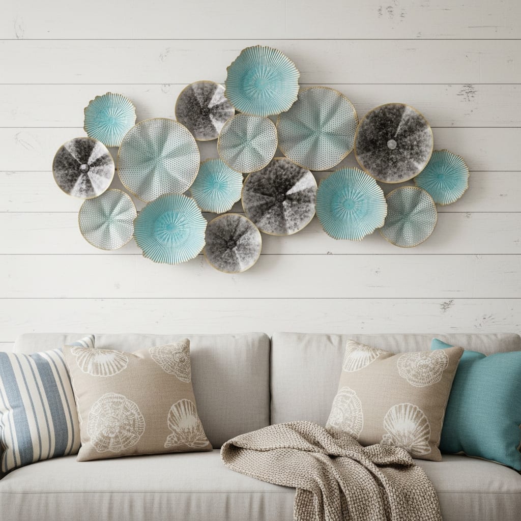 HomeRoots 24" X 44" Aqua Charcoal And Silver Abstract Metal Round Discs Hanging Dimensional Sculpture