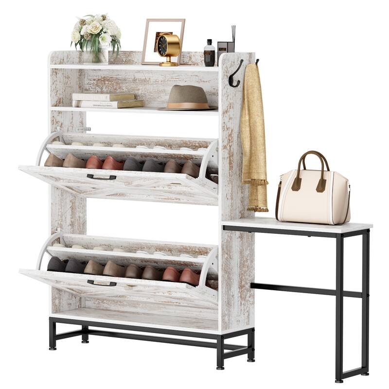 Rustic Shoe Rack Storage Cabinet Organizer with Large Capacity, Flip Drawers and Anti-Tipping Design, for Balcony, Hallway