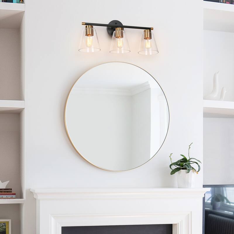 Fnly Modern Farmhouse 3-light Black Gold Bathroom Vanity Light LED Dimmable Cone Sconce with Clear Glass