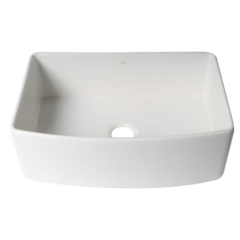ALFI Brand White Smooth Curved Apron 30" x 20" Single Bowl Fireclay Farm Sink with Grid
