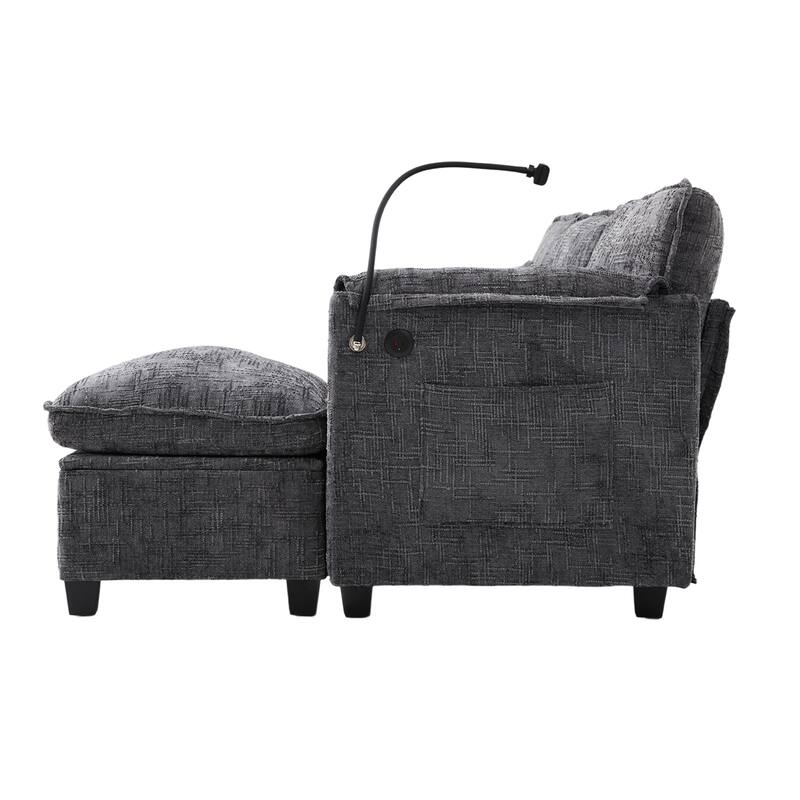 Modern Chenille Chaise Couch L-shaped Sectional Sofa with Storage Ottoman, Phone Holder, USB/Type-C Ports and Side Pockets