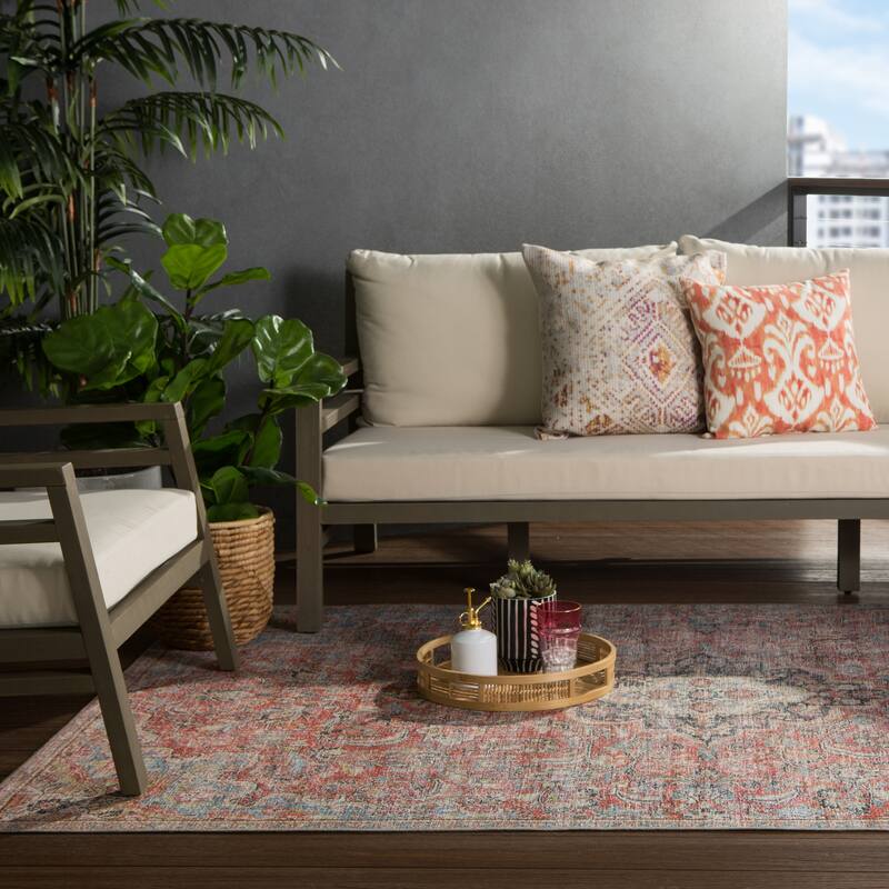 Gracewood Hollow Eddo Machine Washable Indoor/Outdoor Red and Light Blue Medallion Area Rug
