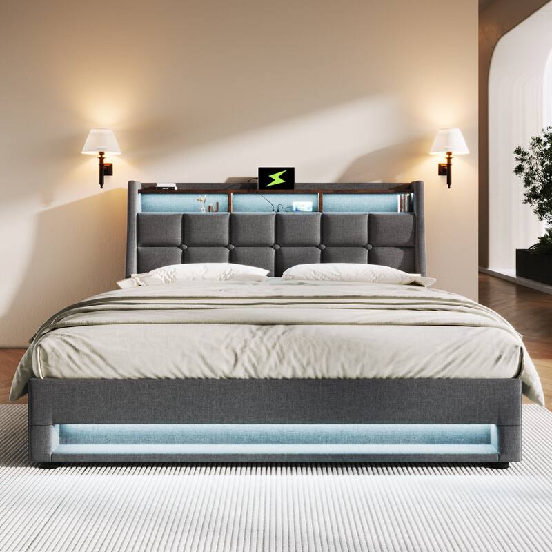 Grey Full Size Upholstered Platform Bed with Hydraulic Storage System, LED and USB Charging