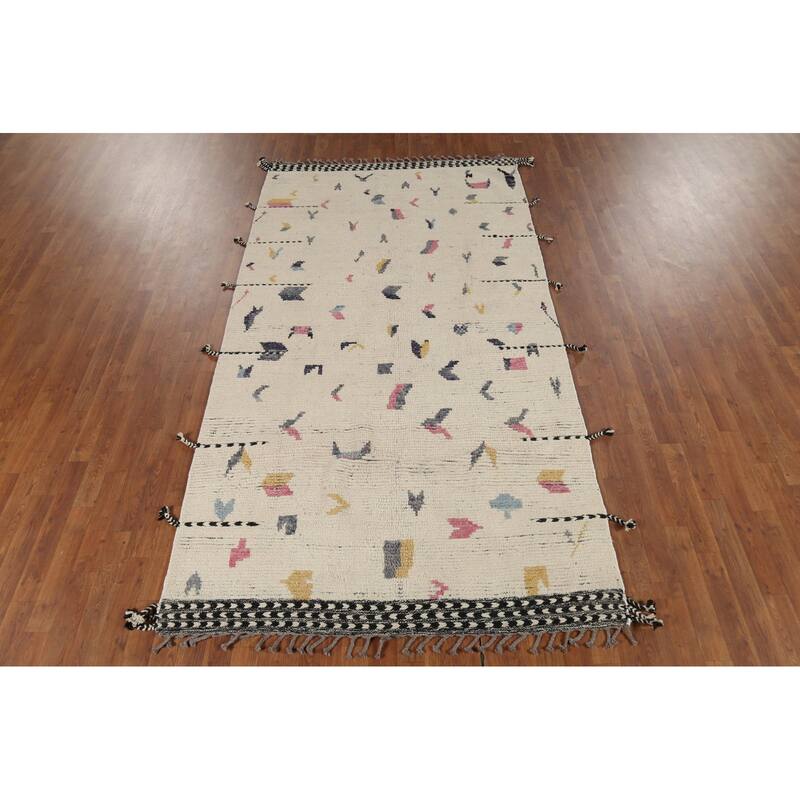 Earth Tone Moroccan Area Rug Hand-Knotted Beige Wool Carpet - 4'10"x 9'2"