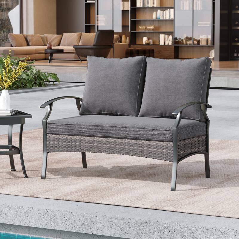 Uixe Outdoor Patio All-Weather Wicker Loveseat with Cushions