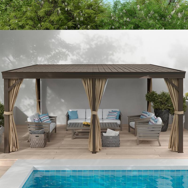 12x16 ft Rectangle Gazebo Sloping Galvanized Steel Roof Hardtop Gazebo with Curtains and Netting