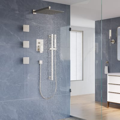 3-Function Shower System With 12" Ultra-Thin Square Shower Head,Body Jets And Hand Shower(Valve Included)