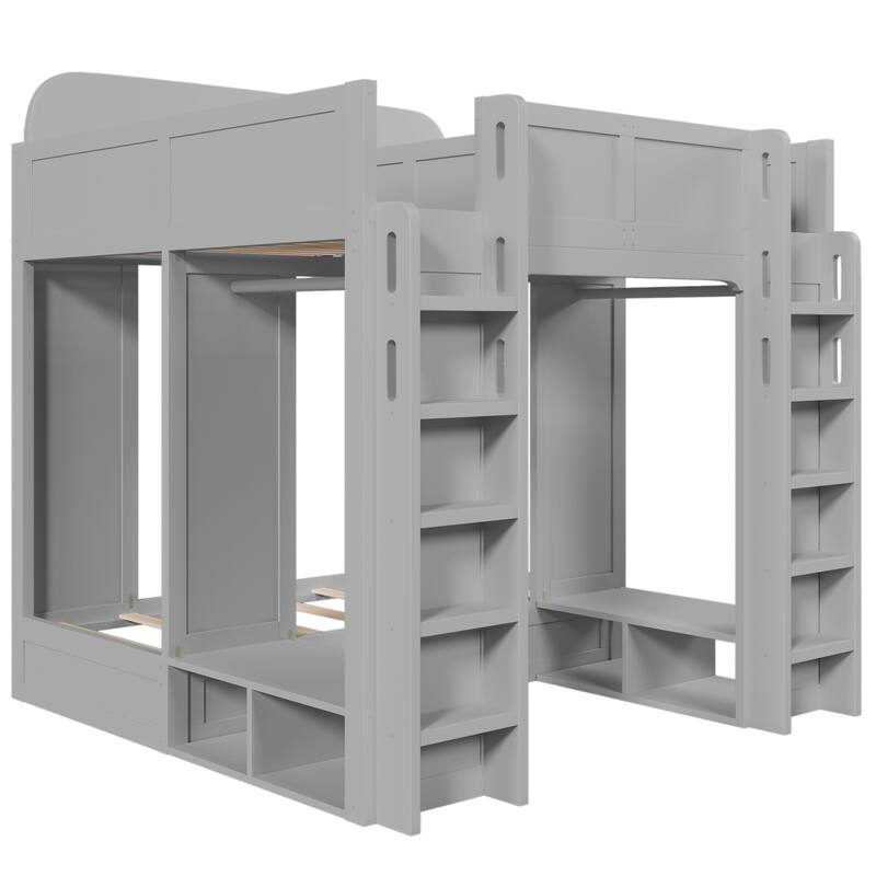 Roomfitters Triple Bunk Bed with Twin, Twin and Twin XL Beds, Storage Shelves and Hooks