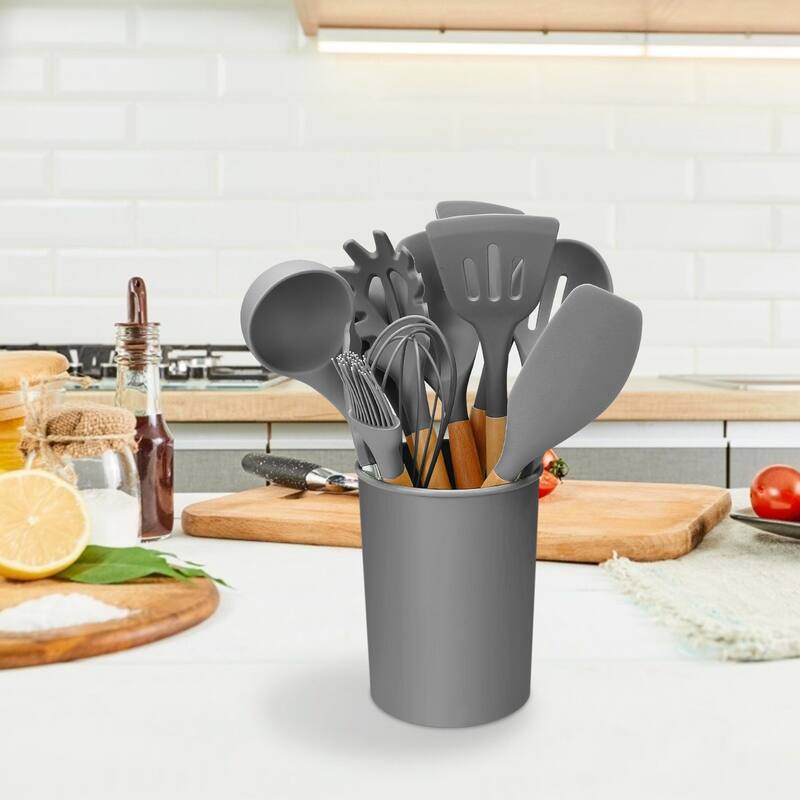 11-Piece Silicone Kitchen Utensil Set Heat-Resistant with Wooden Handles Spatulas Ladle - 4.72 × 4.72 × 6.18 in - Grey