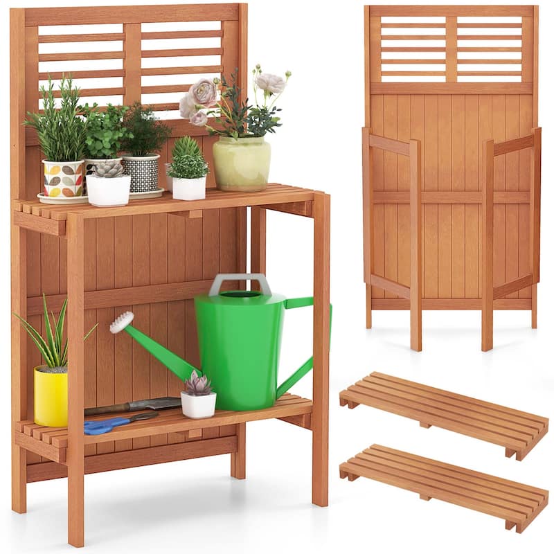 Costway Wood Potting Bench Waterproof Garden Table with 2-Tier Open - See Details - Brown