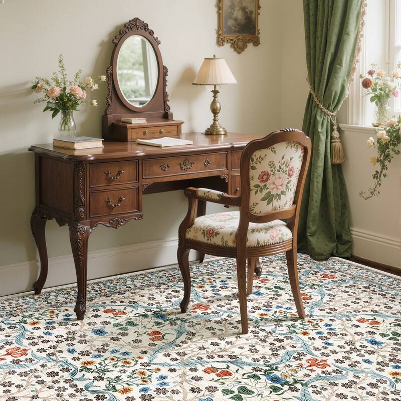 Floral Area Rugs for Living Room Bedroom Indoor Soft Low Pile Non-Slip Rug Farmhouse Rug Home Decor